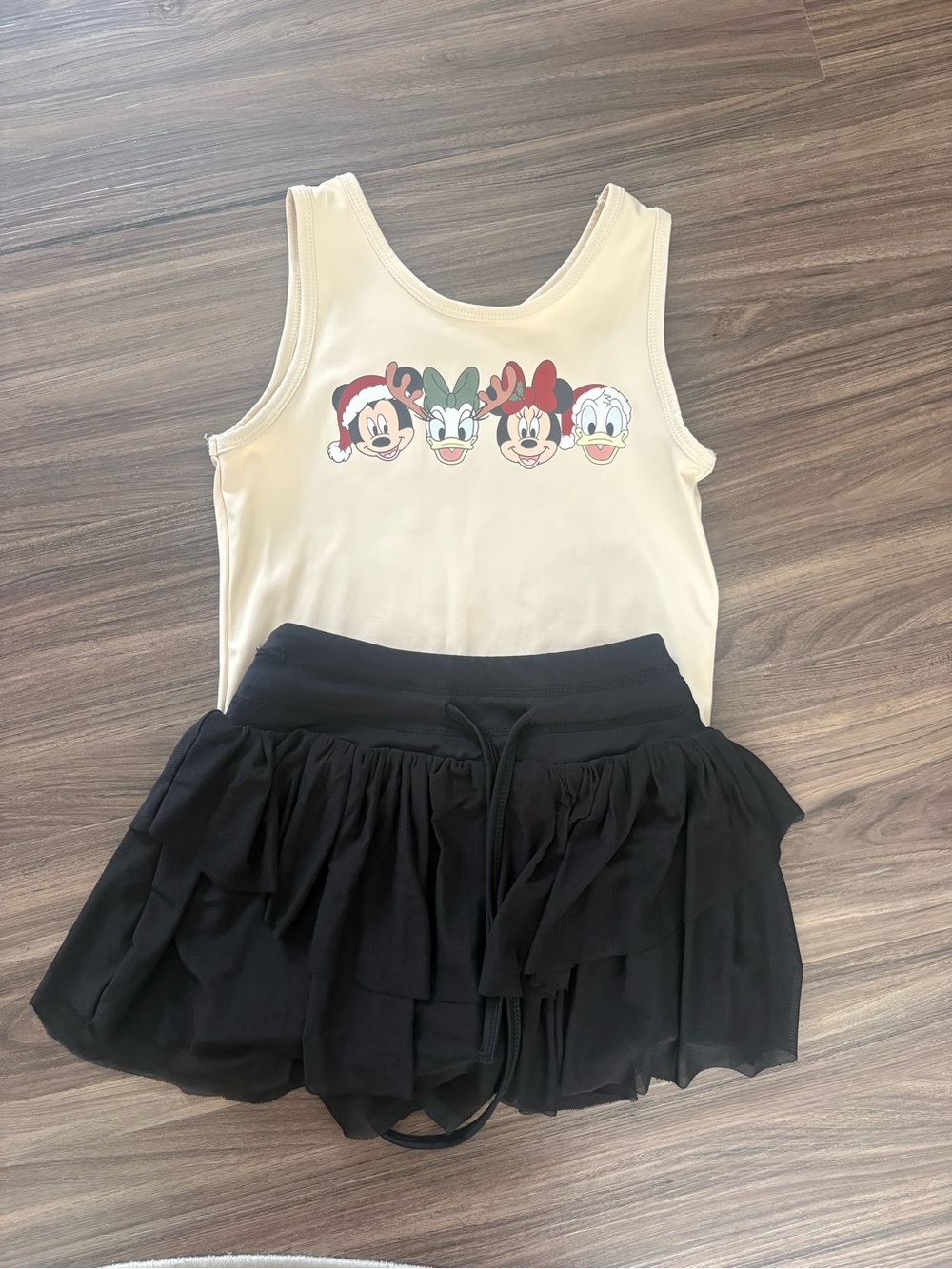 Kids Layered Black Skirted Shorts with Cream Character Tank
